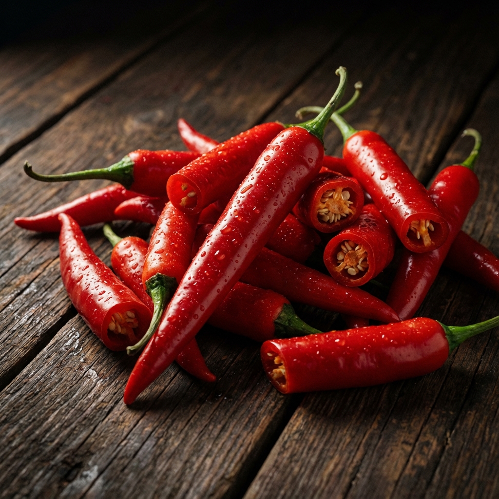 Färska chilifrukter på mörkt träbord